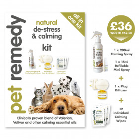 Pet Remedy All in One Kit - комплект 4 в 1 ( 200 мл. успокояващ спрей, 15 мл. мини успокояващ спрей, дифузер с пълнител, 12 успокояващи кърпички )